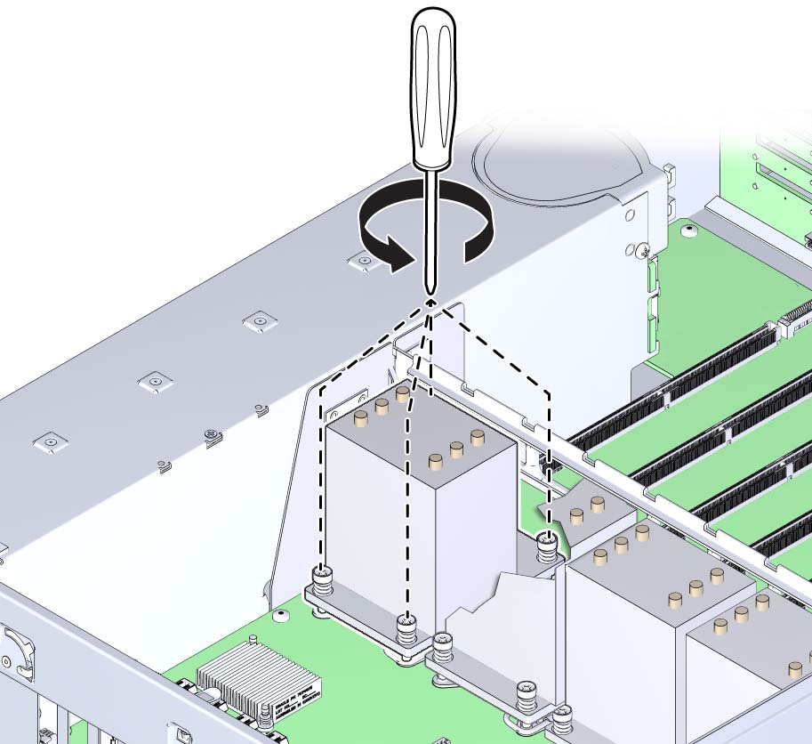 image:An illustration showing the loosening of the CPU heatsink screws.
