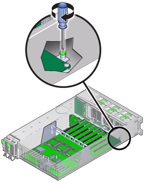 image:An illustration showing the tightening of the green captive screw on the motherboard.