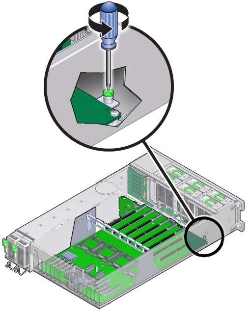 image:An illustration showing the location and loosening of the captive screw on the motherboard.