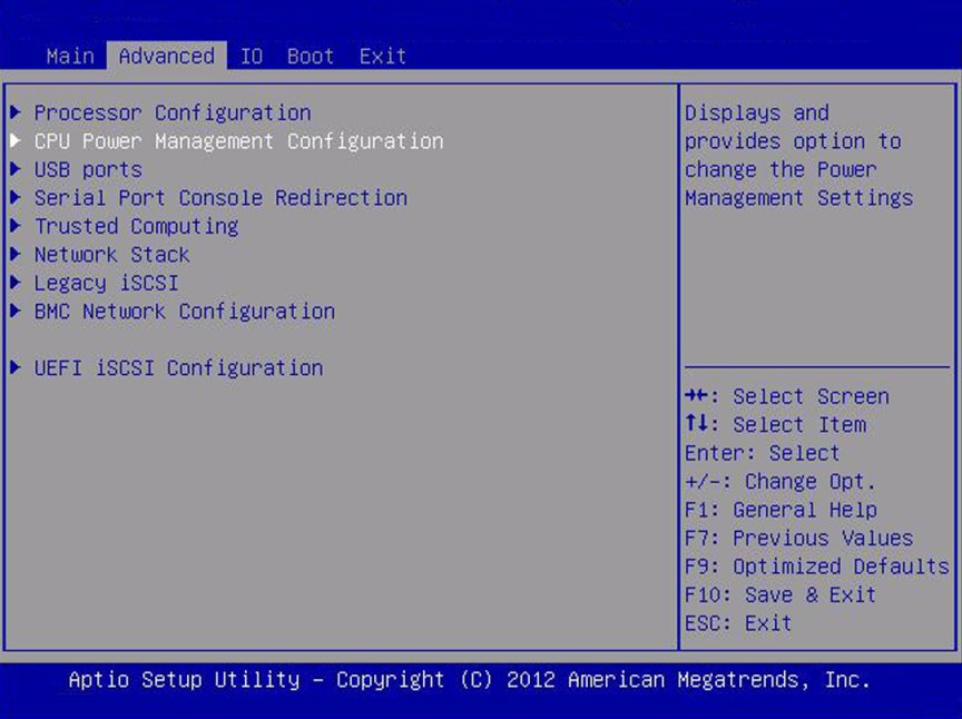 image:Screen capture showing the CPU Power Management Configuration screen.