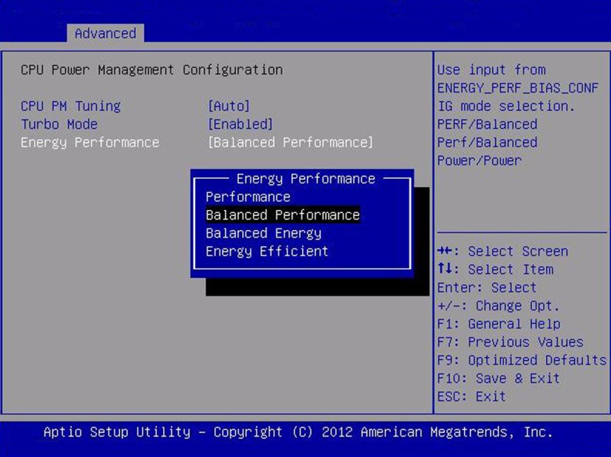 image:Screen capture showing the CPU Power Management Configuration screen.