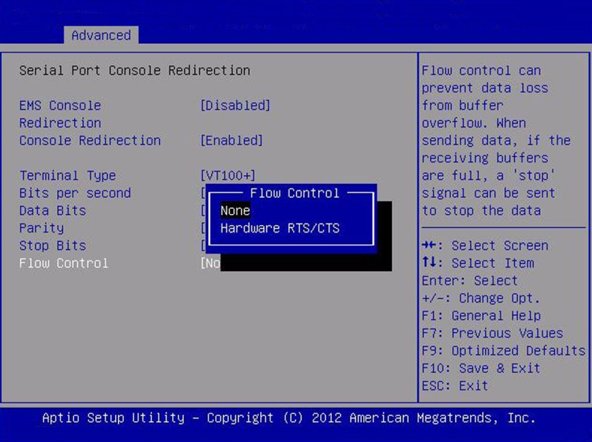image:Screen capture showing the Serial Port Console Redirection screen.