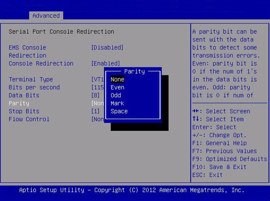 image:Screen capture showing the Serial Port Console Redirection screen.
