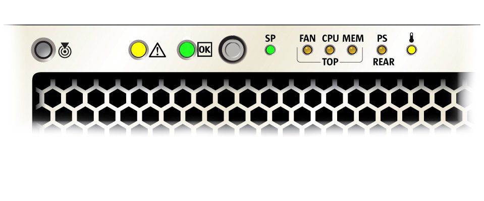 image:An illustration showing the front panel indicators lit for an over-temperature situation.