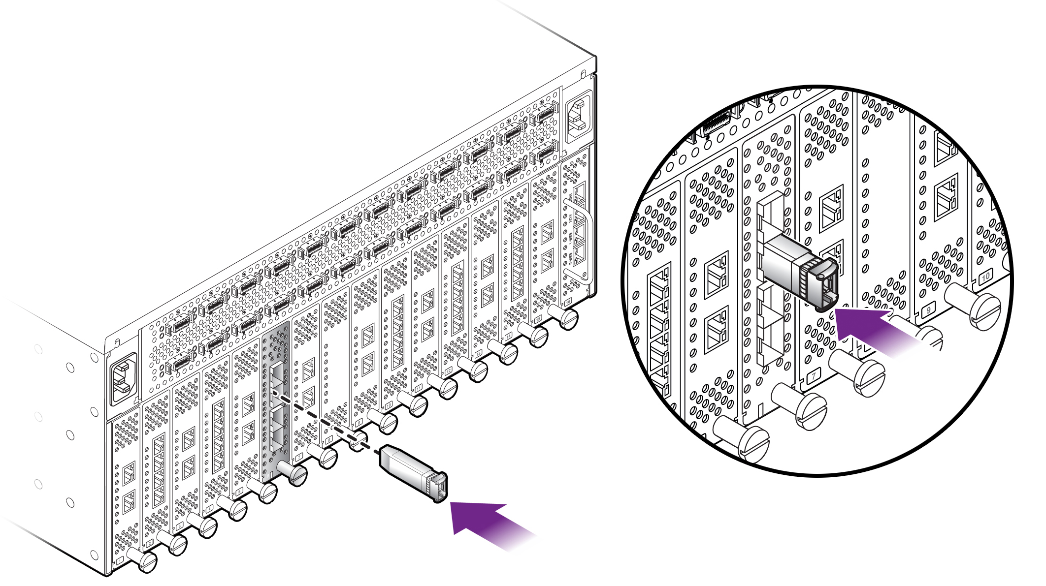 image:Figure shows the insertion of an optical transceiver into the module.