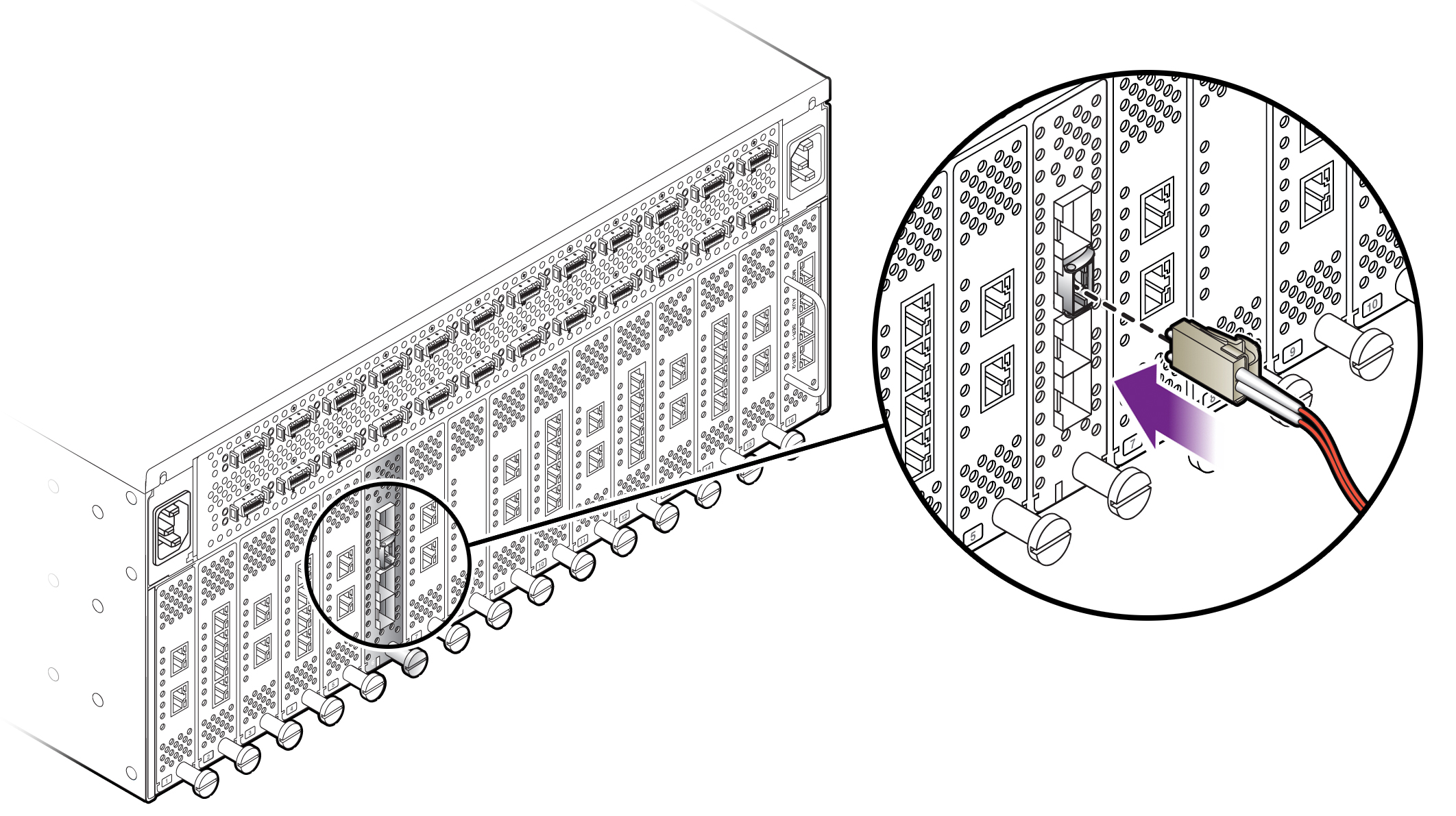 image:Figure shows the insertion of an optical cable into the optical transceiver.