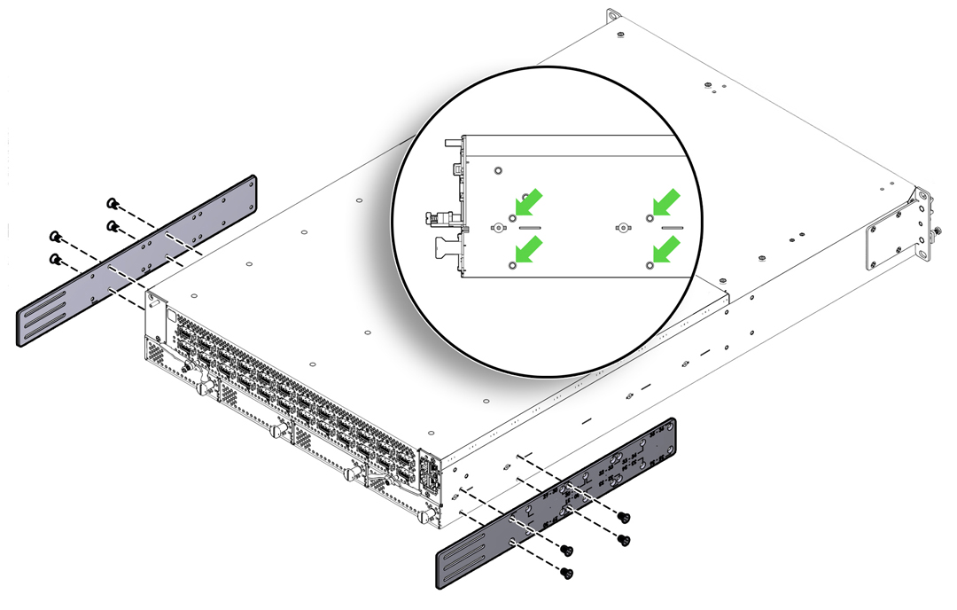 image:Figure shows the depth rack measures attach to the rear sides of the cabinet with four screws each.