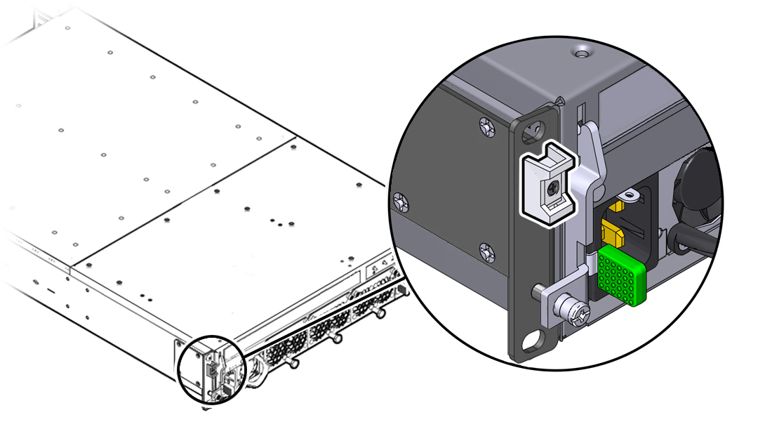 image:Figure shows the locations of the power cord anchor near the green                             PSU locking tab.