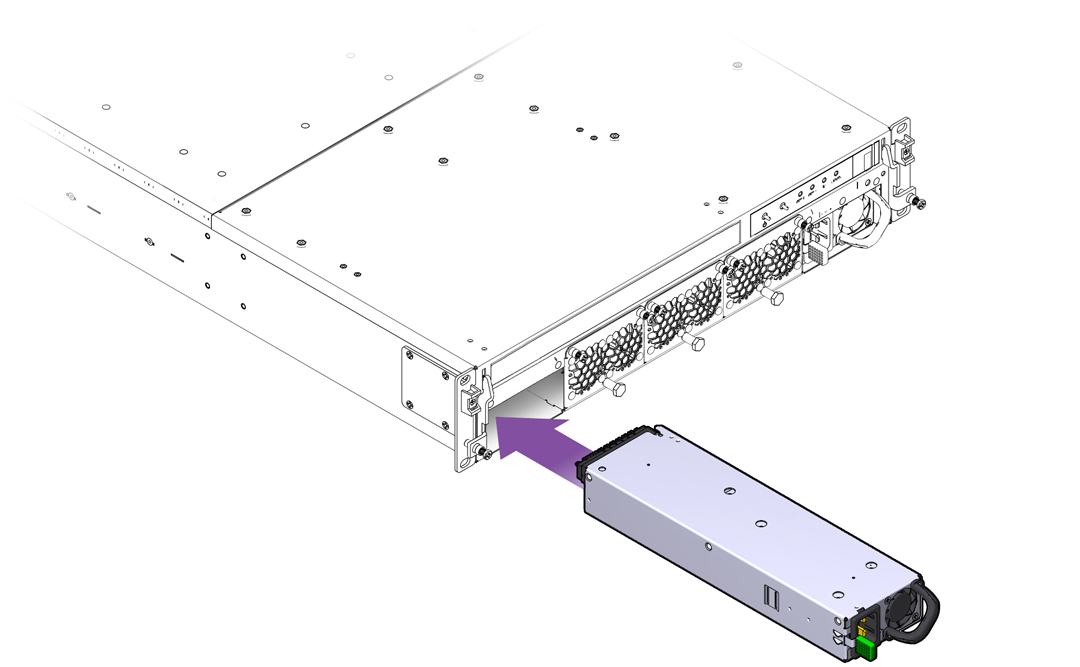 image:Figure shows the PSU is installed by slowly pushing it                                     straight into the slot.