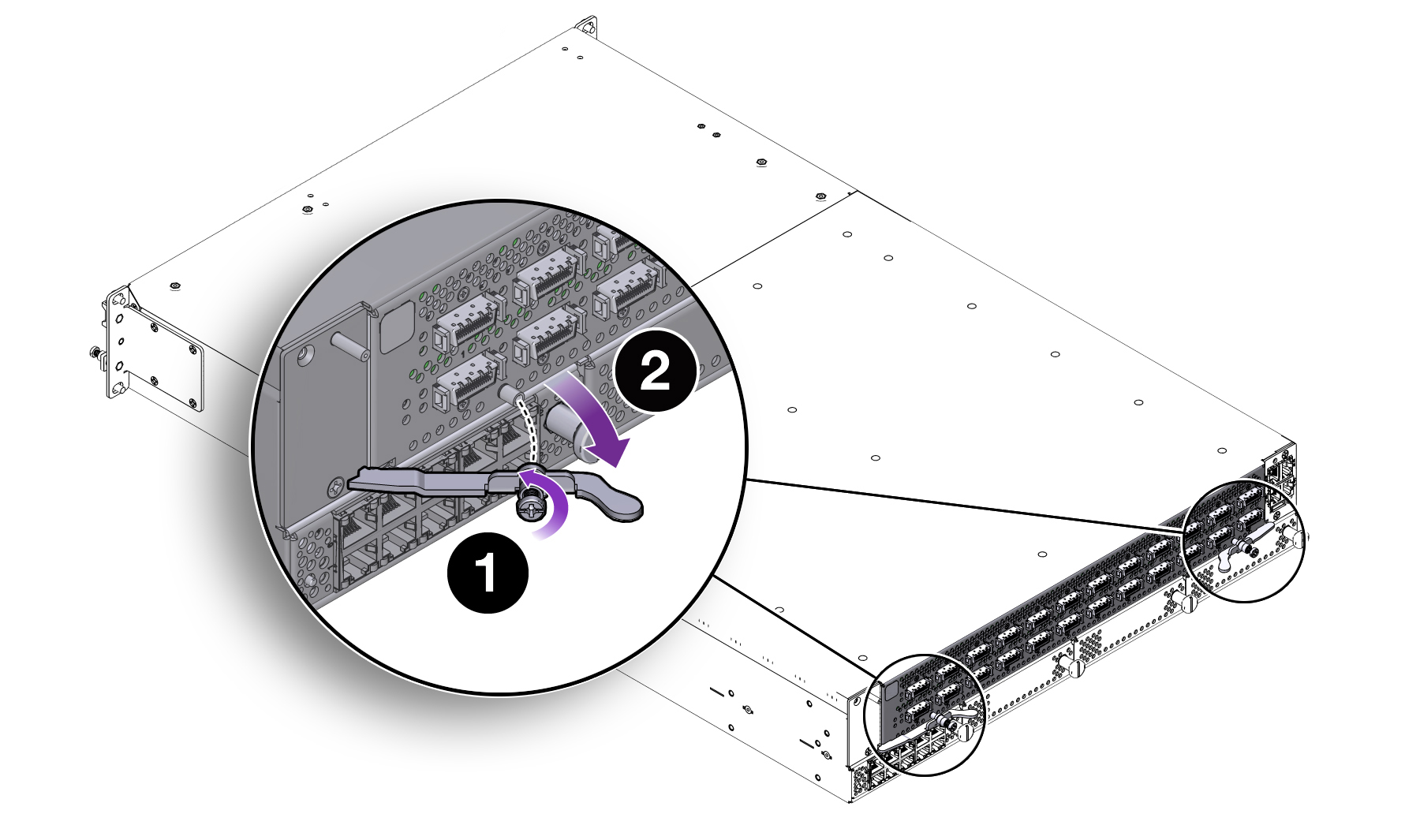 image:Figure shows the captive screws turn counterclockwise to                                     loosen and then the hinged release levers are pulled open.