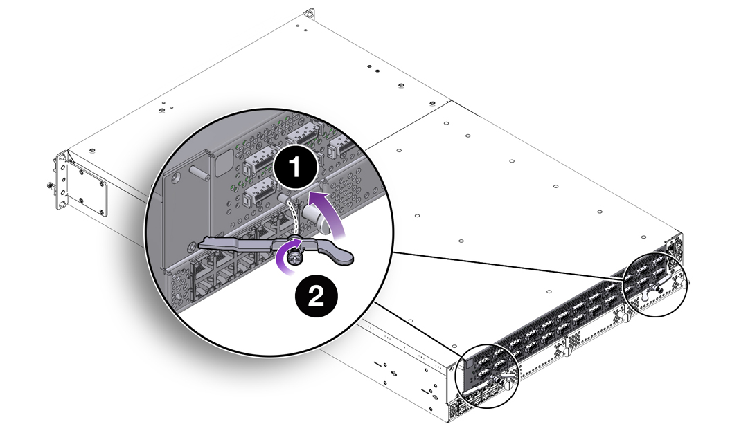 image:Figure shows the board is locked by closing the hinged                                     levers and turning the captive screws clockwise to secure.