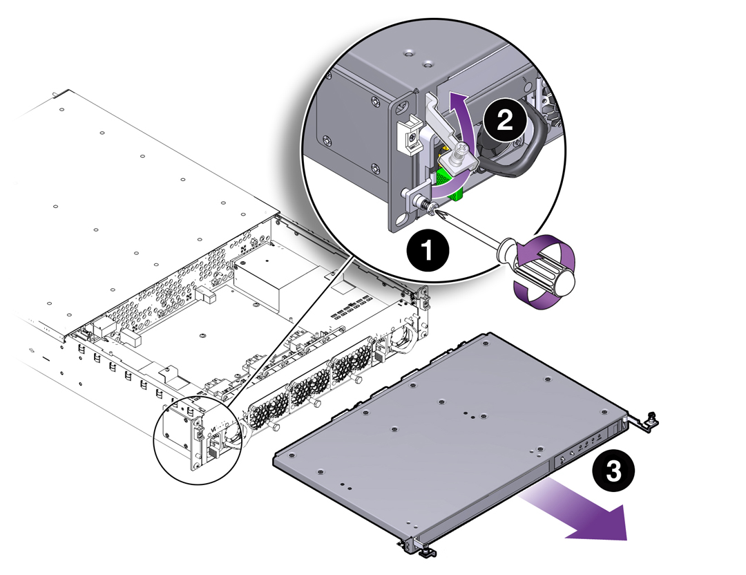 image:Figure shows the captive screws loosen counterclockwise.                                     The hinged lever arms raise up 90 degrees to unlock.