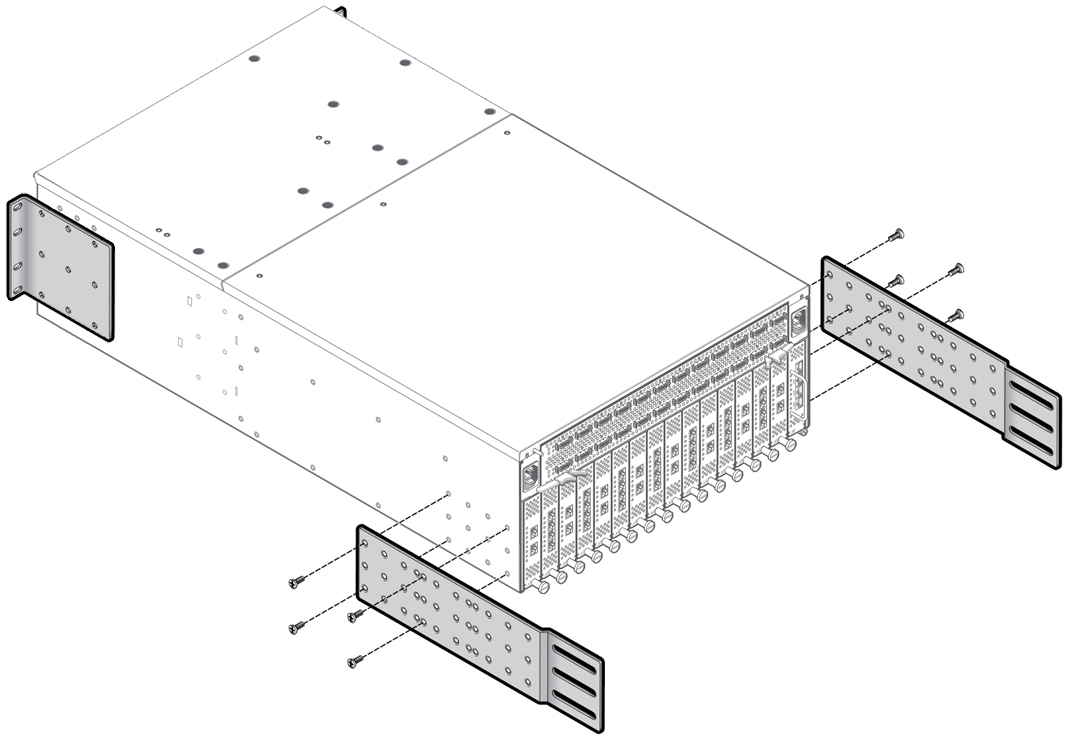 image:Figure showing the F1-15 with four screws securing the side                                     mouting brackets to the chassis