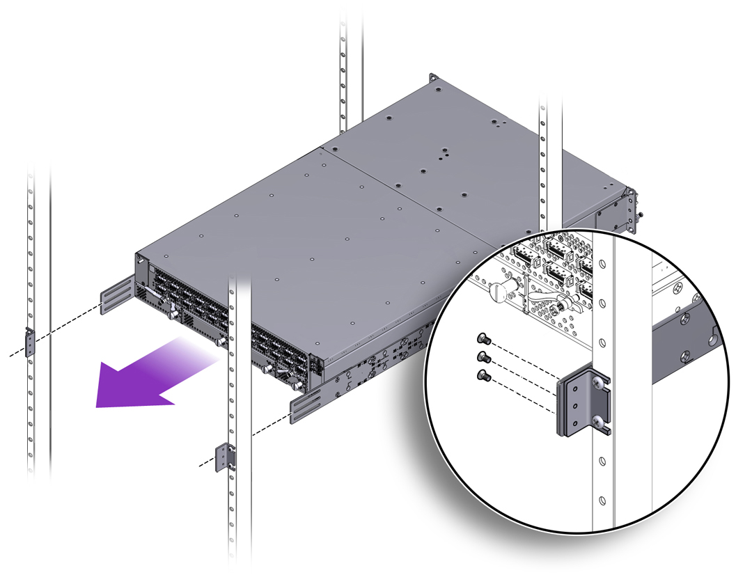 image:Figure shows the depth rack measures on the chassis attach to the right angle brackets with three screws each.