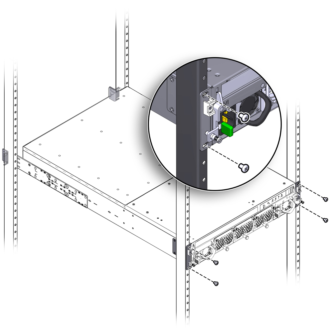 image:Figure shows the front of the chassis attaches to the front of the rack with two screws on each side.