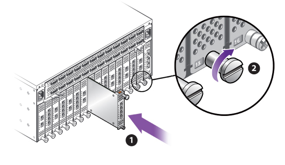 image:Figure shows a module is inserted vertically, and secured with the captive screw on the bottom edge of the module.