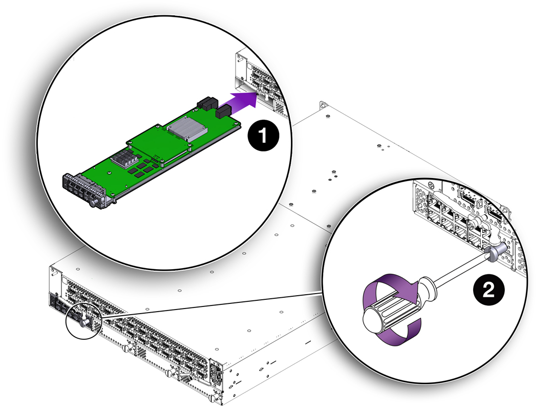image:Figure shows the module is inserted then locked by turning the locking handle 90 degrees clockwise.