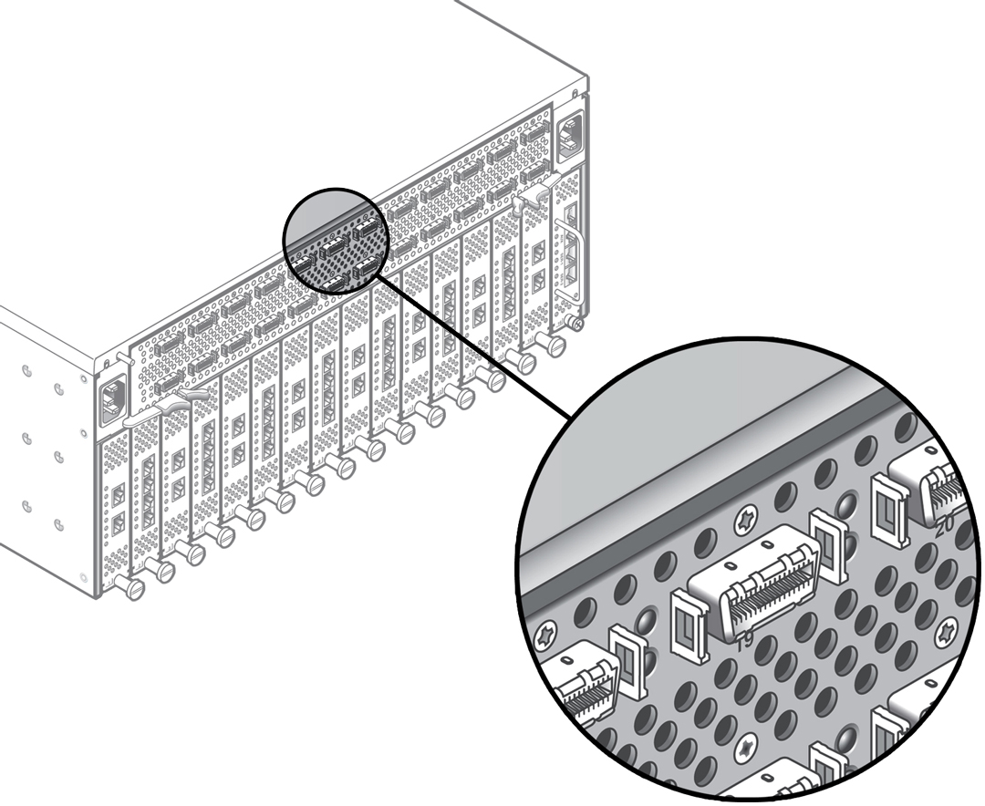 image:Figure shows two horizontal rows of ports above the I/O modules at rear of the chassis.
