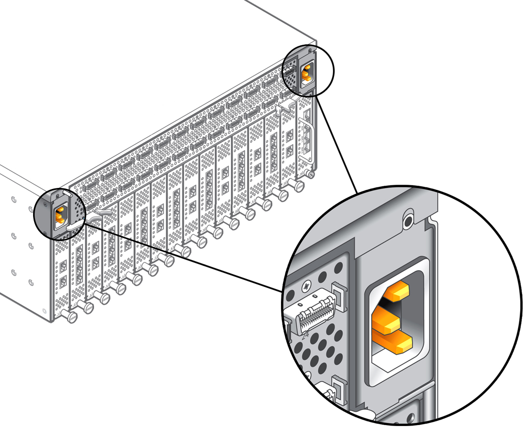 image:Figure shows two power supply connectors at the top left and right corners of the chassis.