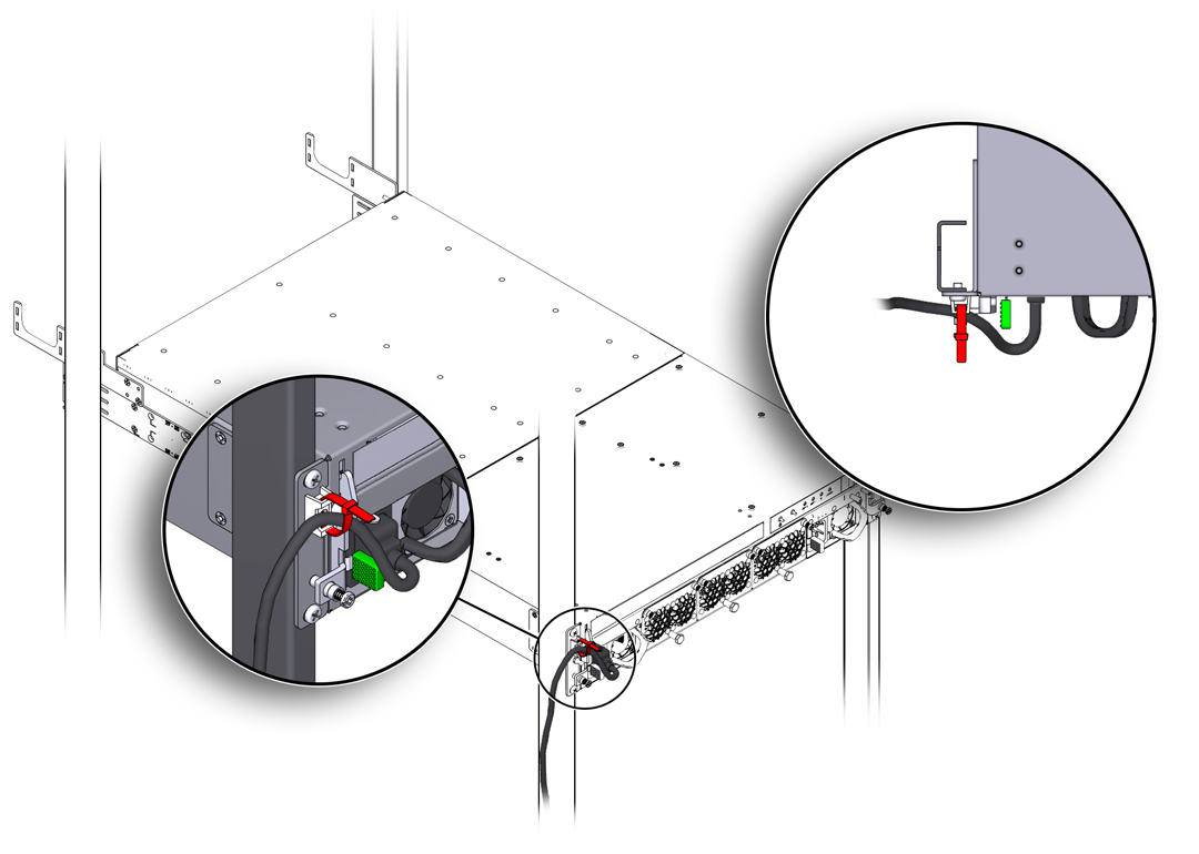 image:Figure shows the power cable is bent into a small U-shaped loop between the power cable anchor and the power socket.