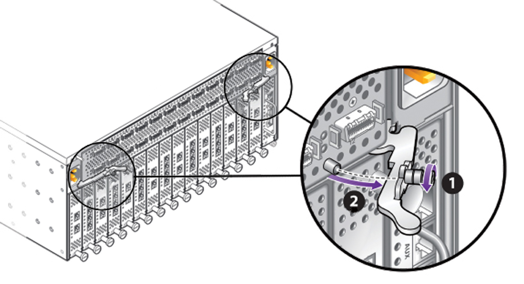 image:Figure shows the captive screws turn counterclockwise to                                     loosen and then the hinged release levers are pulled open.
