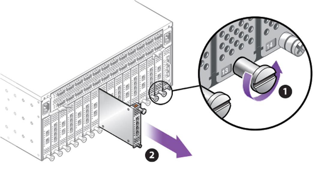 image:Figure shows the Locking Handle is loosened                                     counterclockwise, then the module pulls straight out.