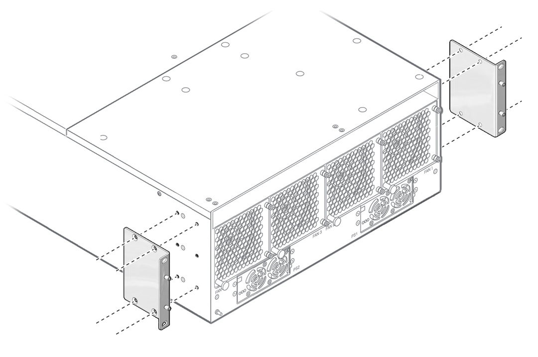 image:Figure showing new mounting brackets being aligned with screw                                 holes in chassis.