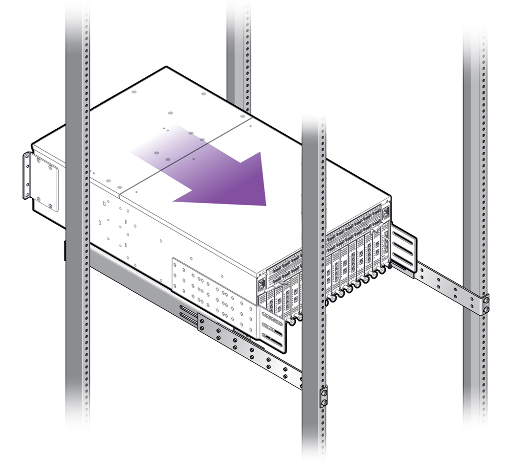 image:Figure shows the F1-15 cabinet is inserted into the rack                                     mount rails, starting from the front of the rack.