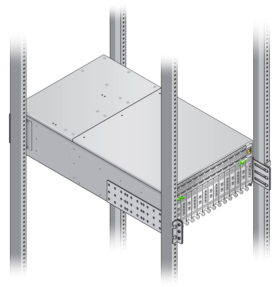 image:Figure shows a rear view of the finished chassis                                     installation after the rail kit has been removed.