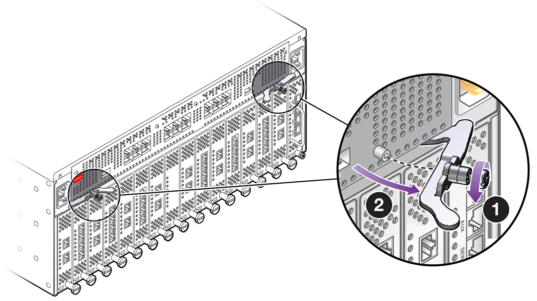 image:Figure shows the captive screws turn counterclockwise to                                     loosen and then the hinged release levers are pulled open.