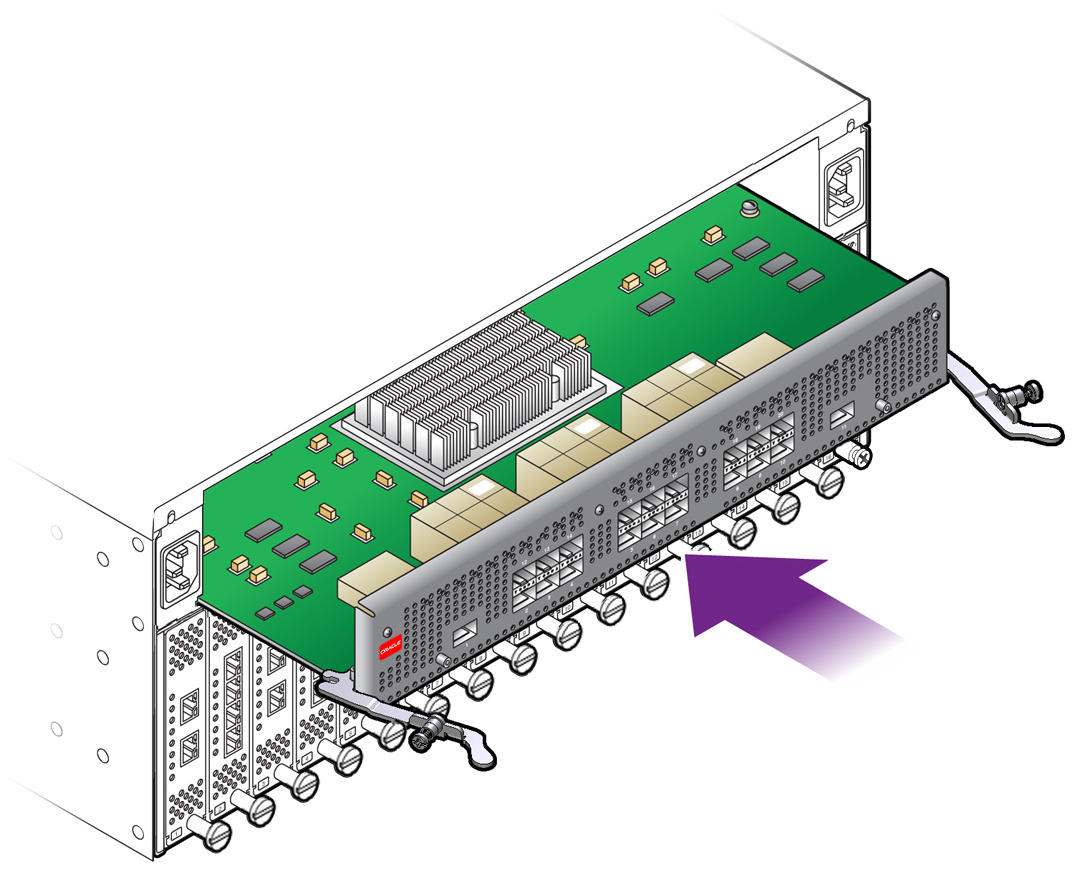 image:Figure shows the board is installed by slowly pushing it                                     straight into the slot.