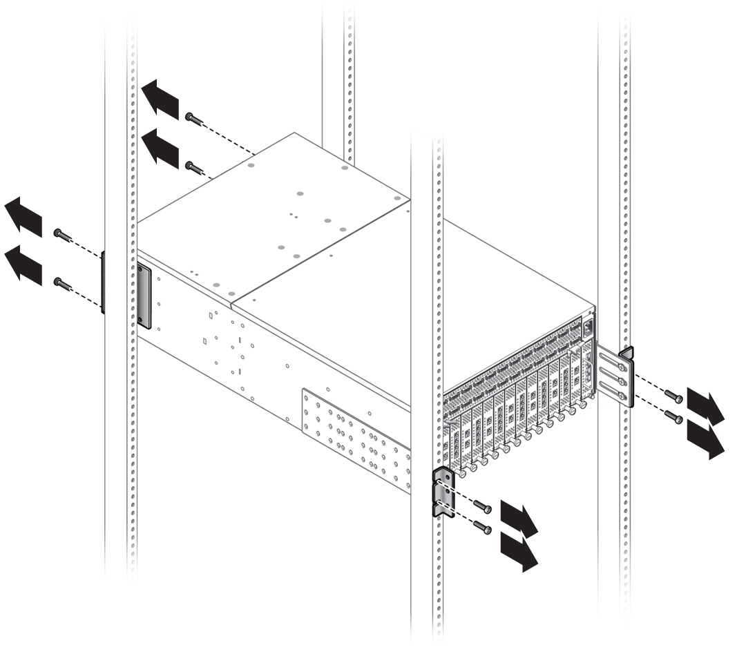 image:Figure showing securing screws being removed from the                                     27-inch Sun/Oracle equipment rack.