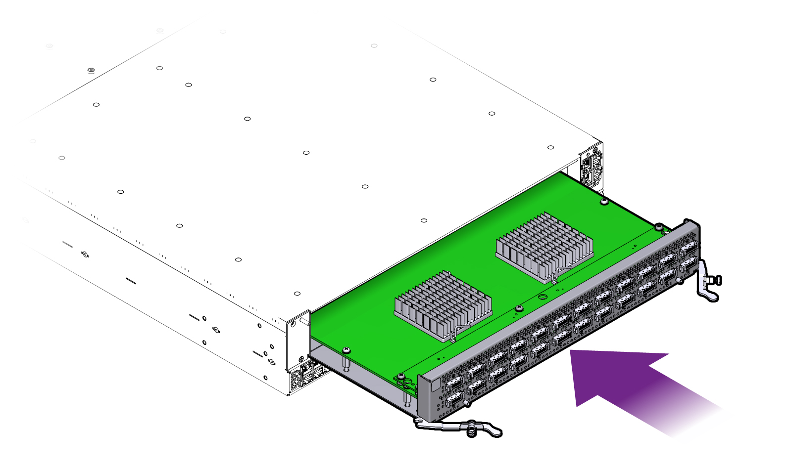 image:Figure shows the board is installed by slowly pushing it                                     straight into the slot.