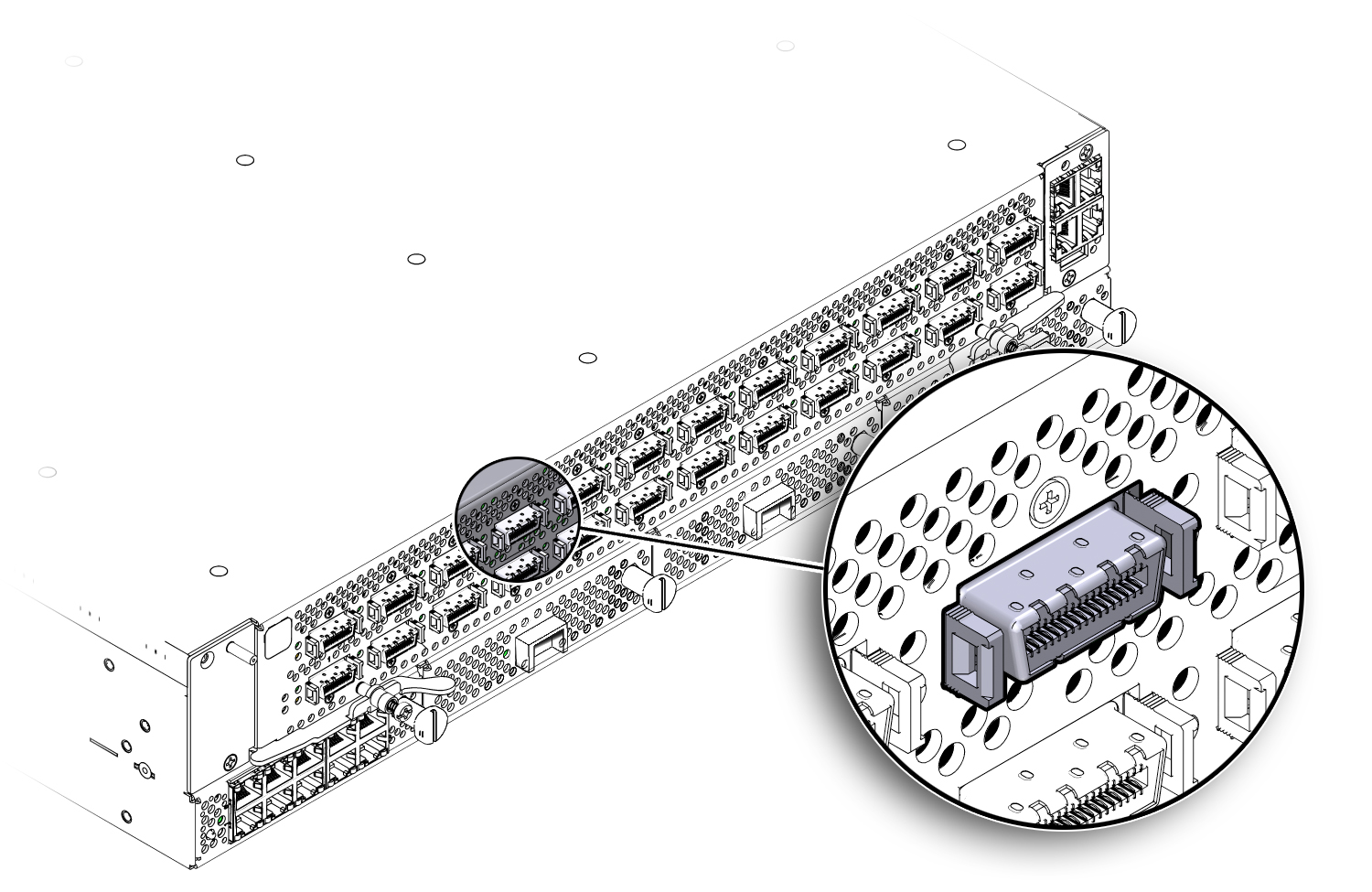 image:Figure shows two horizontal rows of ports above the I/O modules at rear of the chassis.