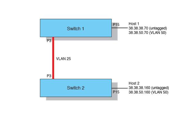 Figure showing switch 1 and switch 2 connecting VLAN 25 through port 3. image: Figure showing switch 1 and switch 2 connecting VLAN 25 through port 3.