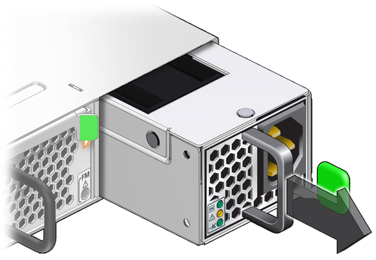 Figure shows the power supply being removed. image:Figure shows the power supply being removed.
