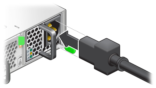 Figure shows the power cord being installed. image:Figure shows the power cord being installed.