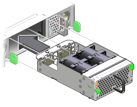 Figure shows sliding the fan module into the slot. image:Figure shows sliding the fan module into the slot.