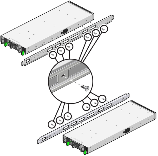 Figure shows attaching the rails to the switch chassis. image:Figure shows attaching the rails to the switch chassis.