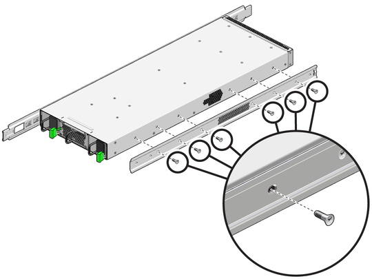 Figure shows attaching the rails to the switch chassis. image:Figure shows attaching the rails to the switch chassis.