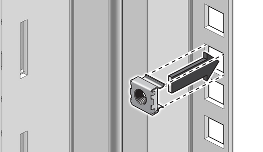 Figure shows attaching the cage nut to the rack post. image:Figure shows attaching the cage nut to the rack post.