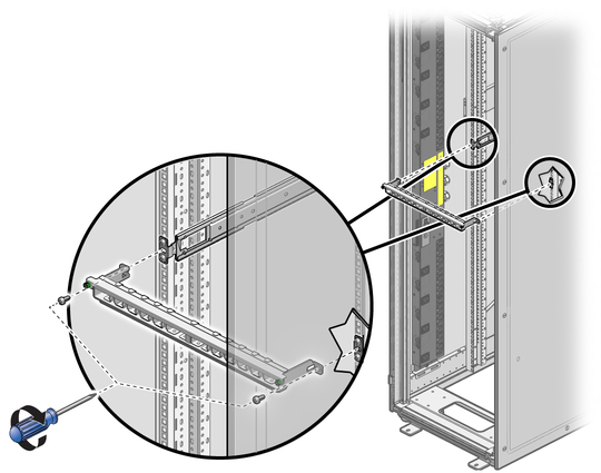 Figure shows attaching the CMA to the rack slide assemblies. image:Figure shows attaching the CMA to the rack slide assemblies.