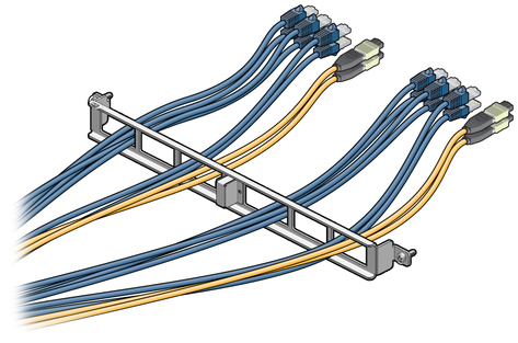 Figure shows moving the data cables through the front support. image:Figure shows moving the data cables through the front support.