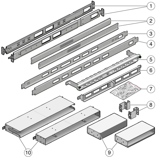 Figure shows the contents of the Rack rail kit. image:Figure shows the contents of the Rack rail kit.