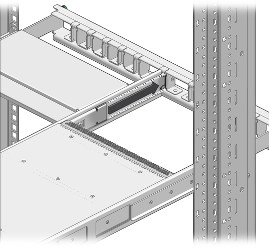 Figure shows sliding the switch into the rack. image:Figure shows sliding the switch into the rack.