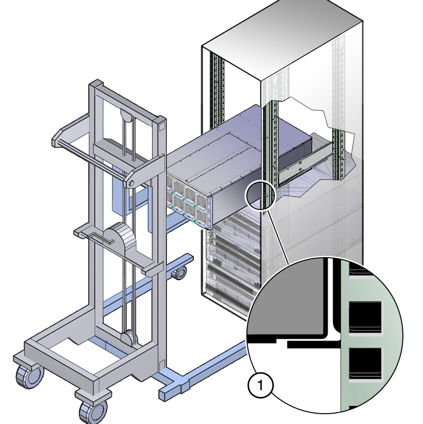 image:Picture of system on mechanical lift being inserted into                             rack.