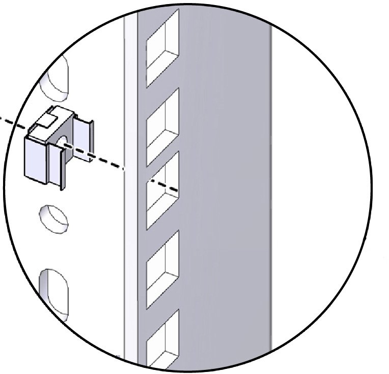 image:Picture of cage nut and square hole rack.