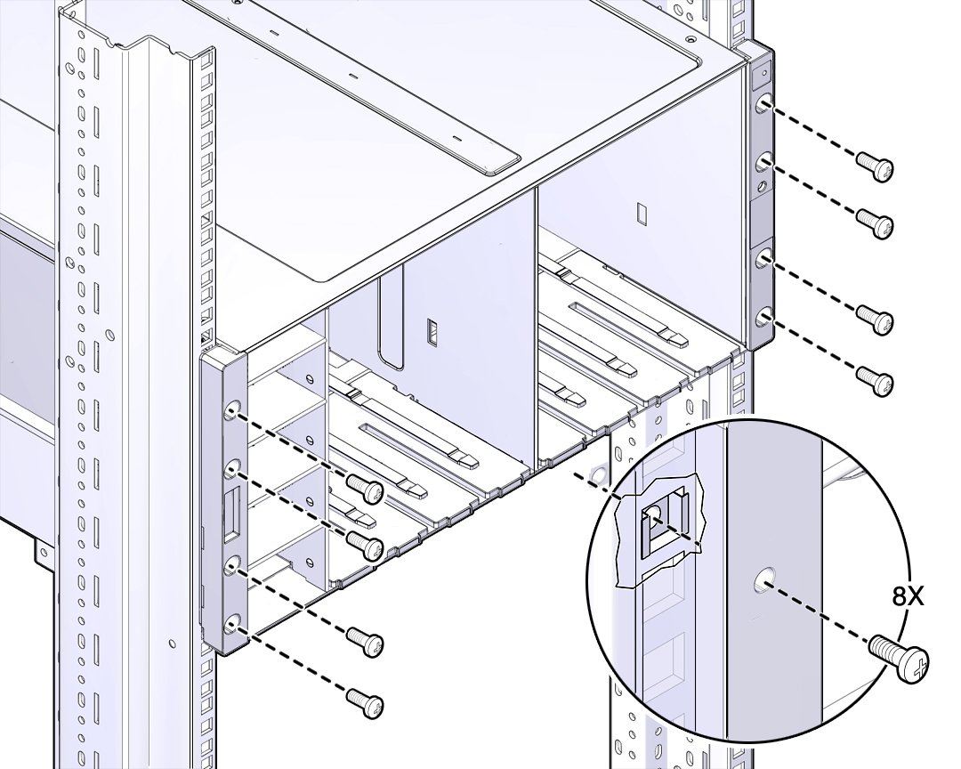 image:Picture of front of server and screws that fasten it to the                             rack