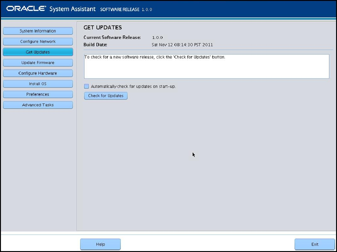 image:A screen capture showing the Oracle System Assistant Get                                 Updates screen.