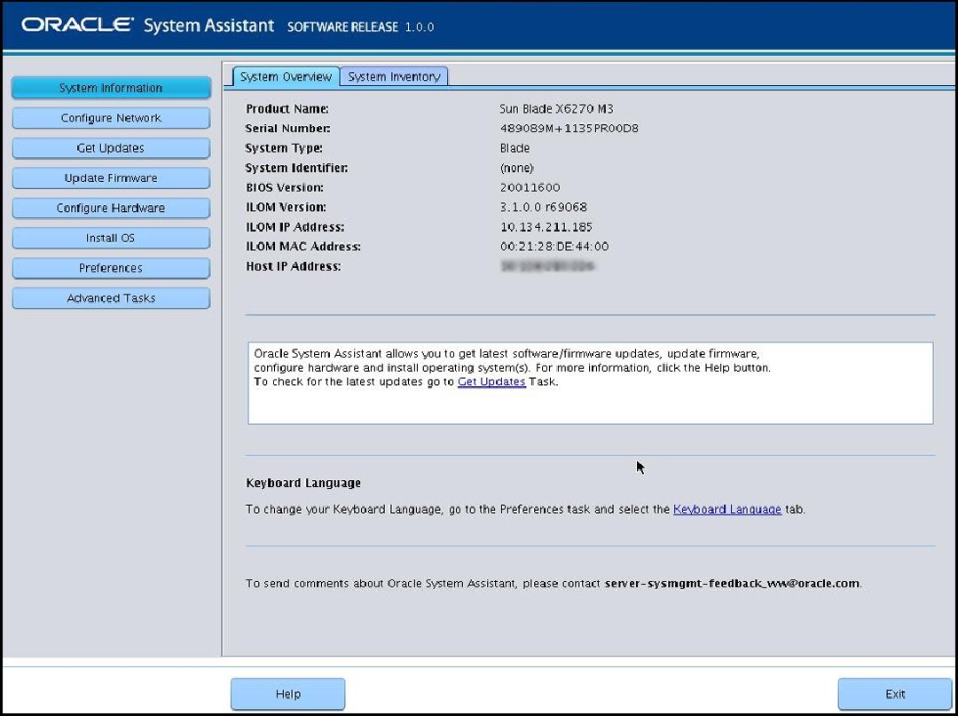 image:A screen capture showing the Oracle System Assistant main                                 screen.
